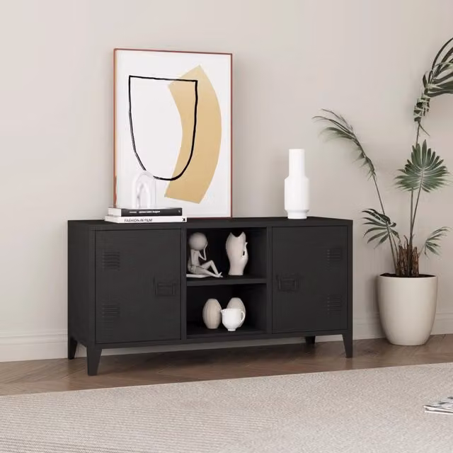Mobile TV Kotka en.casa con 2 ante in metallo e MDF, colore nero opaco, L: 113,0 cm, P: 40,0 cm, H: 58,0 cm