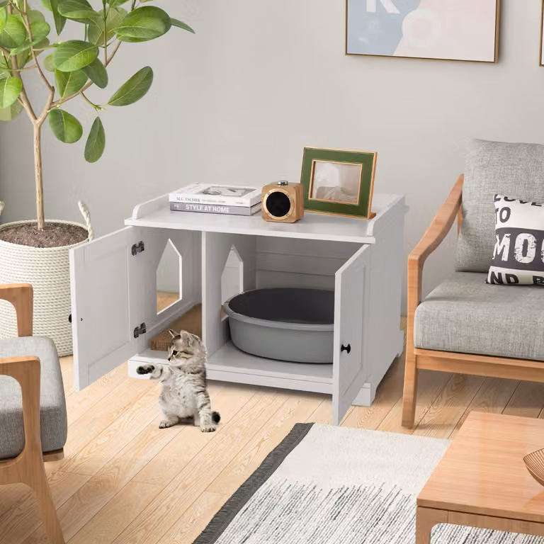 Mobile lettiera per gatti Costway con tiragraffi in sisal sostituibile e ingresso reversibile, Bianco moderno