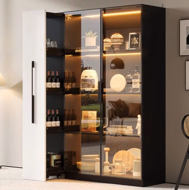 Vetrina con LED e contenitore laterale, design bianco e nero