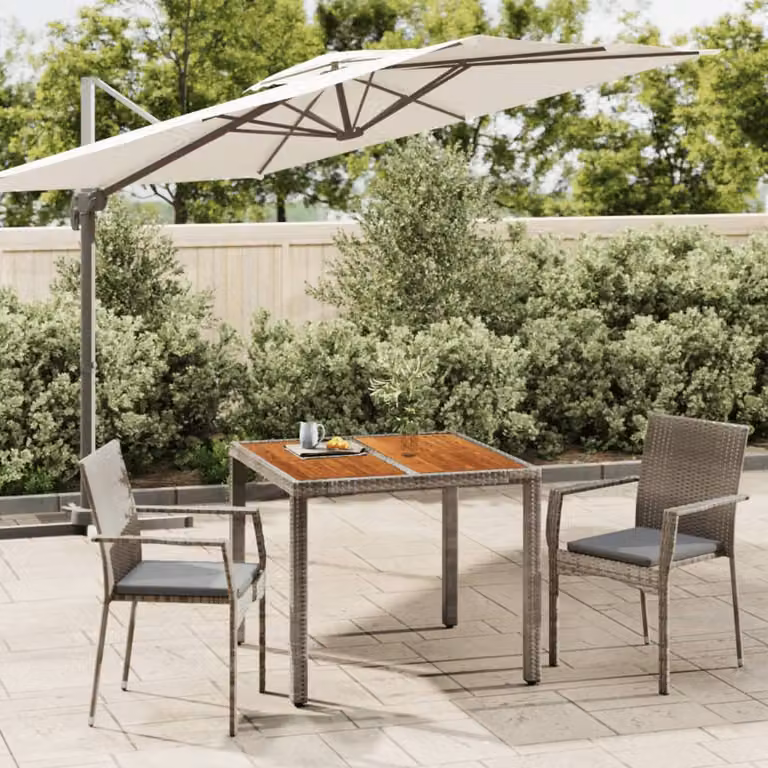 Set da pranzo da giardino vidaXL in polyrattan e legno di acacia grigio con 3 pezzi e cuscini