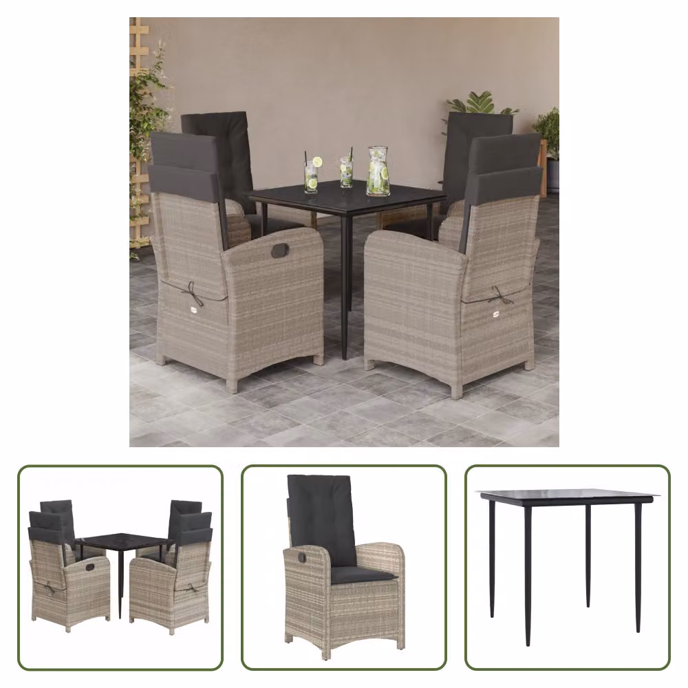 The Living Store Set da pranzo da giardino 5 pezzi con cuscini in rattan grigio chiaro