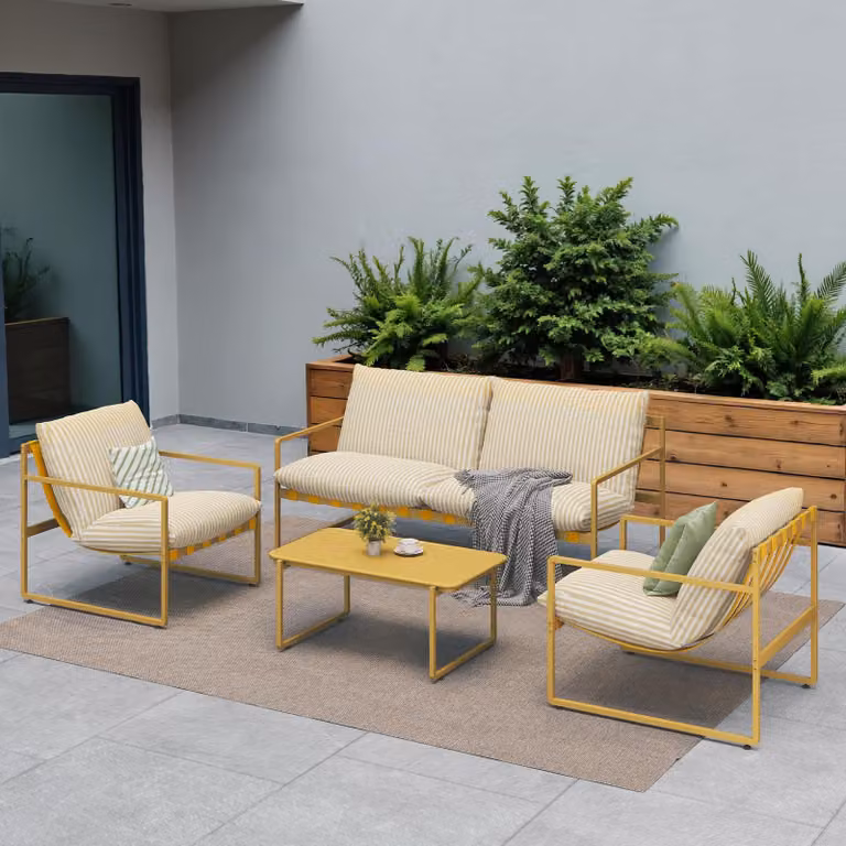 Set di mobili da giardino, tavolo e sedie per esterni (4 pezzi), inclusi cuscini, con tavolino, divano e poltrone