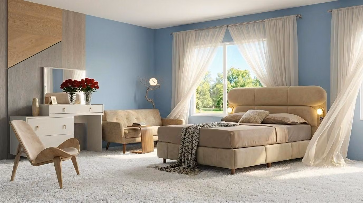Set per camera da letto: letto, testiera, comodino. Design moderno, confortevole, color beige, materiali morbidi