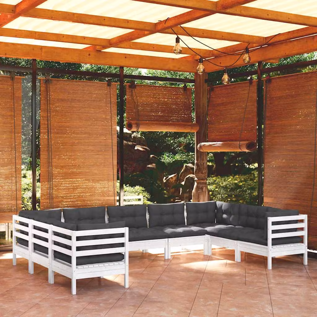 Set di divani da giardino vidaXL a forma di L composto da 9 pezzi con cuscini bianchi e antracite in legno di pino trattato