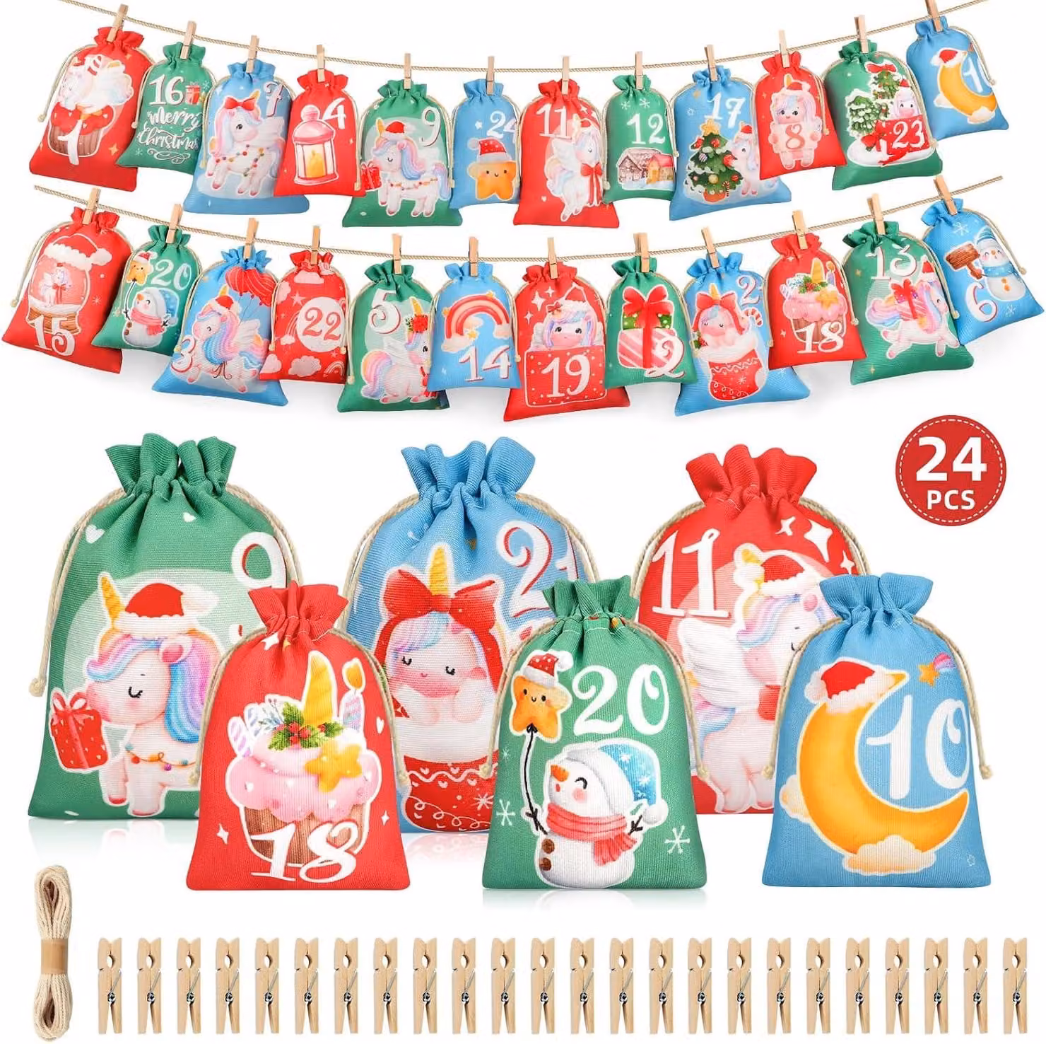 Calendario dell'Avvento da riempire, con 24 scomparti - Calendario dell'Avvento per bambini, anno 2024 - Disponibile in 2 dimensioni - Sacchetti per calendario dell'Avvento di grandi dimensioni