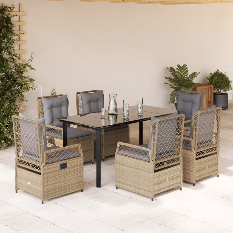 Set da Pranzo da Giardino vidaXL in Polyrattan con Cuscini Beige e Tavolo in Vetro, 7 Pezzi