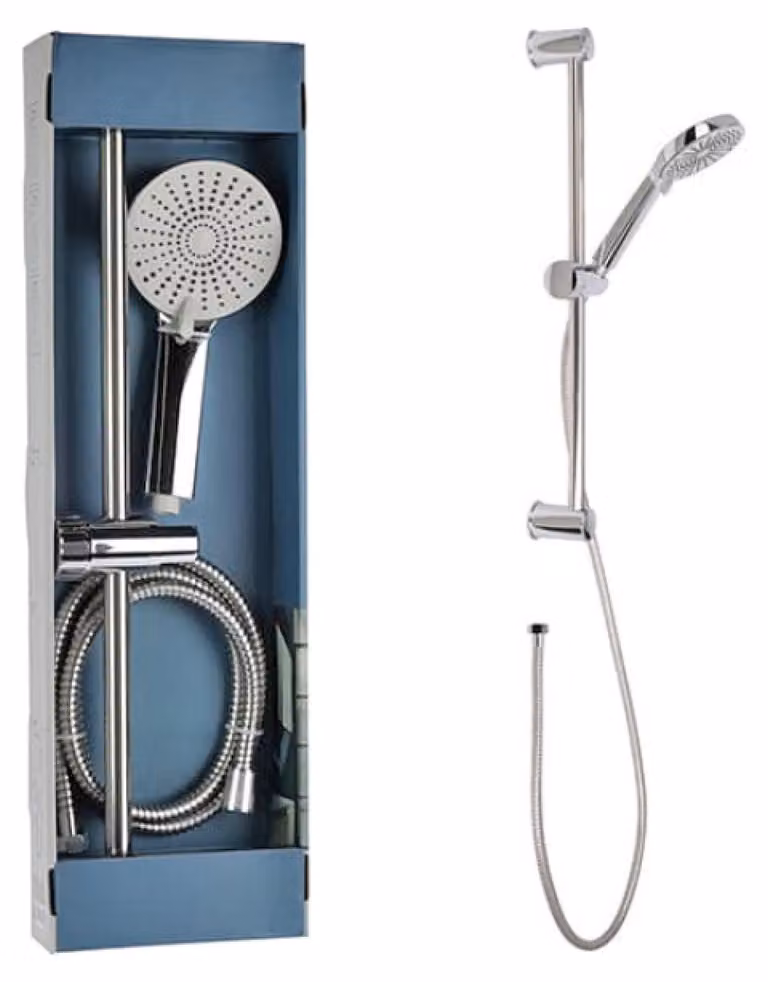Soffione doccia e flessibile con supporto a 3 funzioni, cromato