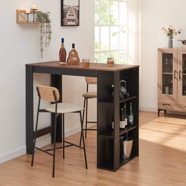 Tavolo alto da bar Danderyd en.casa con 3 ripiani laterali, Nero e Effetto Noce, L: 120 cm, P: 60 cm, H: 106 cm