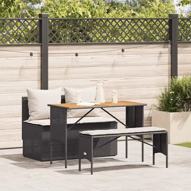 Set da Pranzo da Giardino 3 pz con Cuscini Nero in Polyrattan 4104190