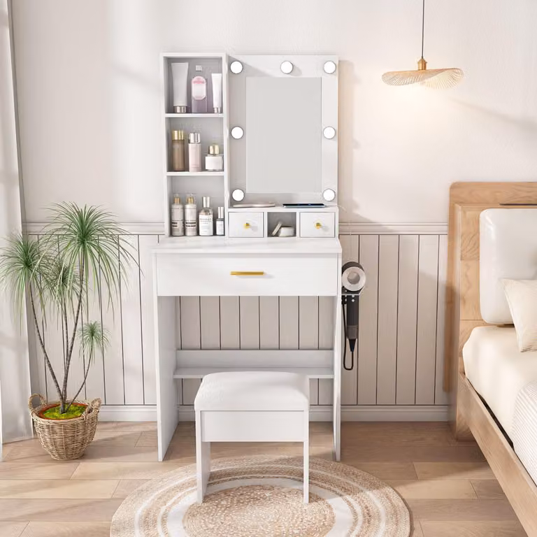 Set da toeletta compatto con specchio a LED, presa di corrente, supporto per asciugacapelli, cassetti, ripiano e sgabello imbottito, L60 x A131,5 x P38 cm