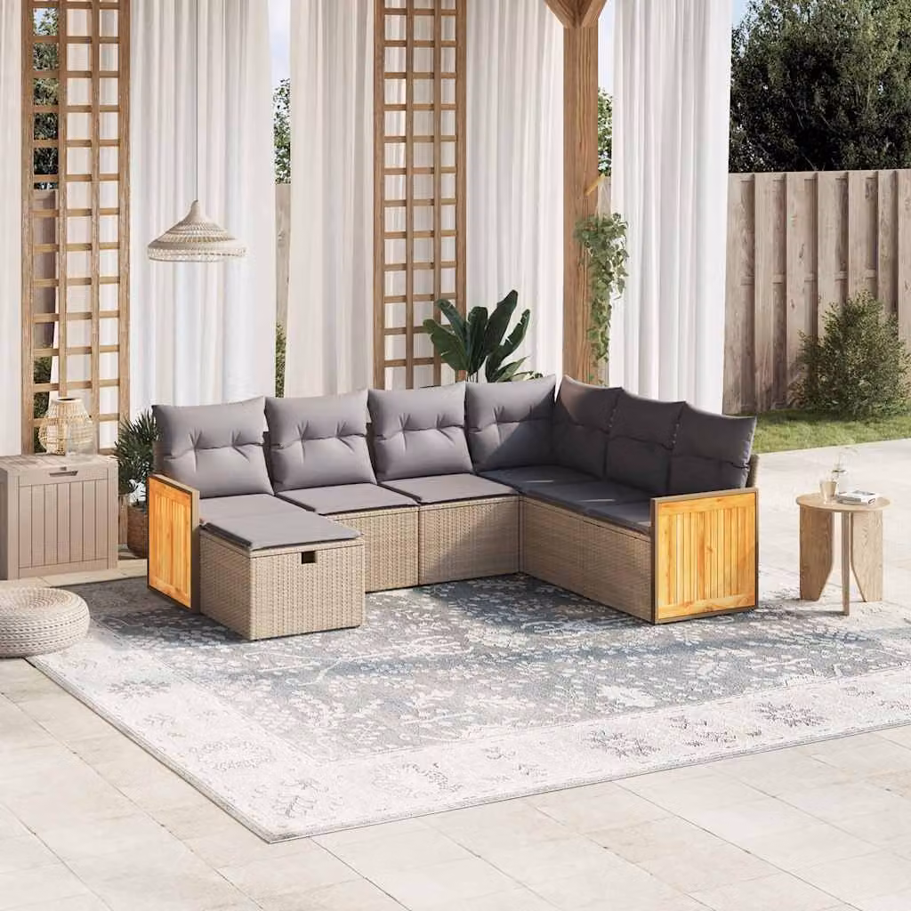 vidaXL Set Divano da Giardino a L 7 pz in Polyrattan con Cuscini Beige e Grigio – 1
