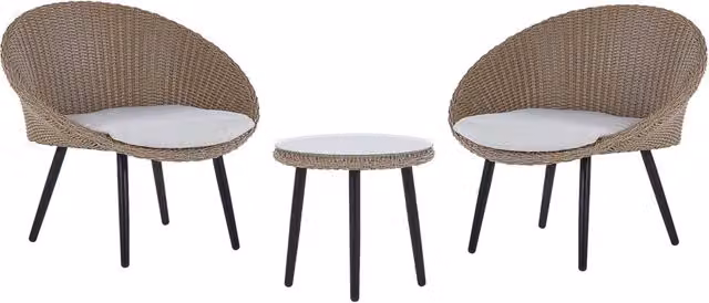 Set da bistrot Beliani per esterni con tavolino in vetro e 2 sedie in rattan beige con cuscini