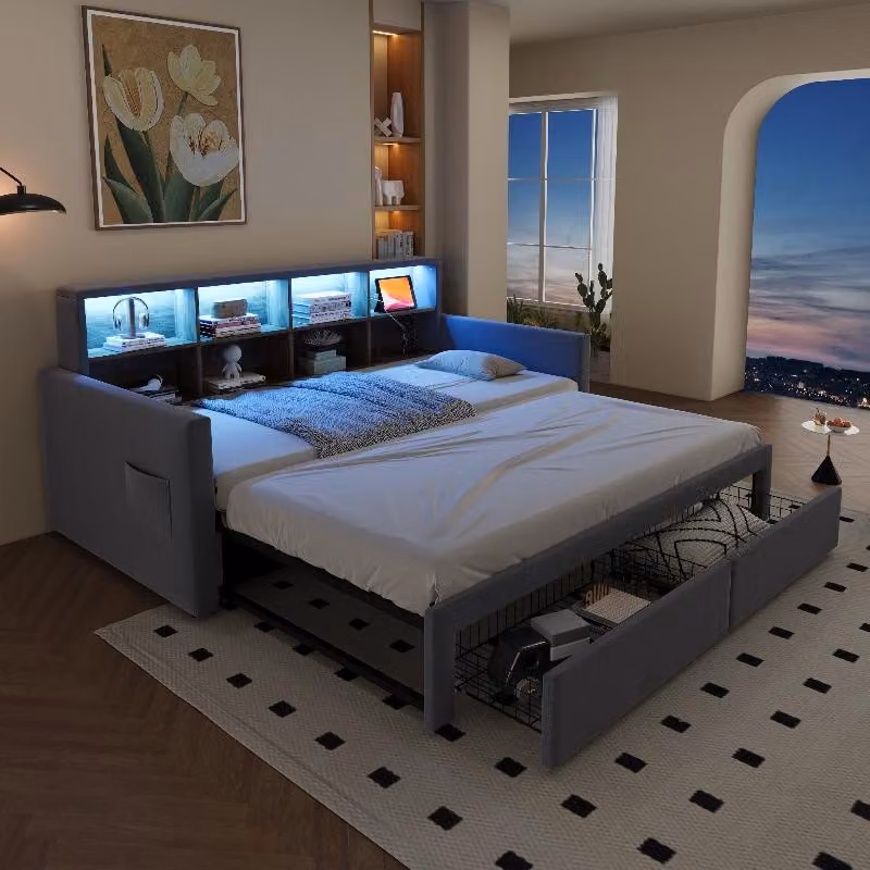Letto imbottito a scomparsa 90x190 cm, color grigio chiaro, divano letto con superficie notte estendibile fino a 180 cm, testiera con vani contenitori integrati, luci LED e prese di corrente