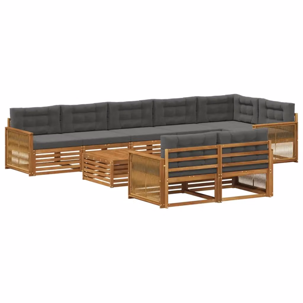 Set di divani da esterno a forma di U vidaXL in legno di acacia con cuscini grigi, 9 pezzi – 2