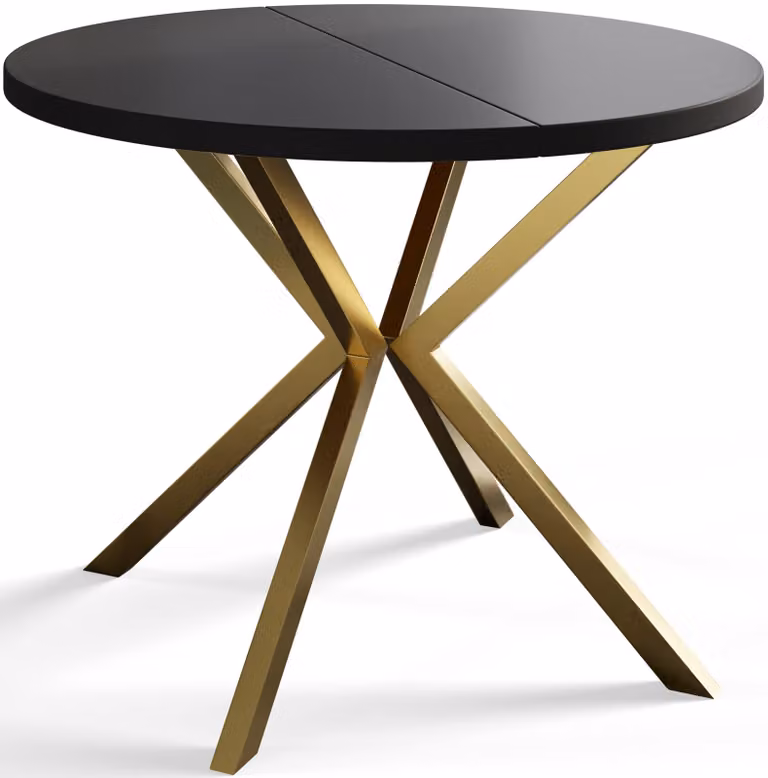 Alpi Moebel, Tavolo da Pranzo Rotondo, Tavolo da Cucina Allungabile, Diamentro: 90-170 cm, Gambe in Metallo Dorate, Nero, Collezione Loft Liten