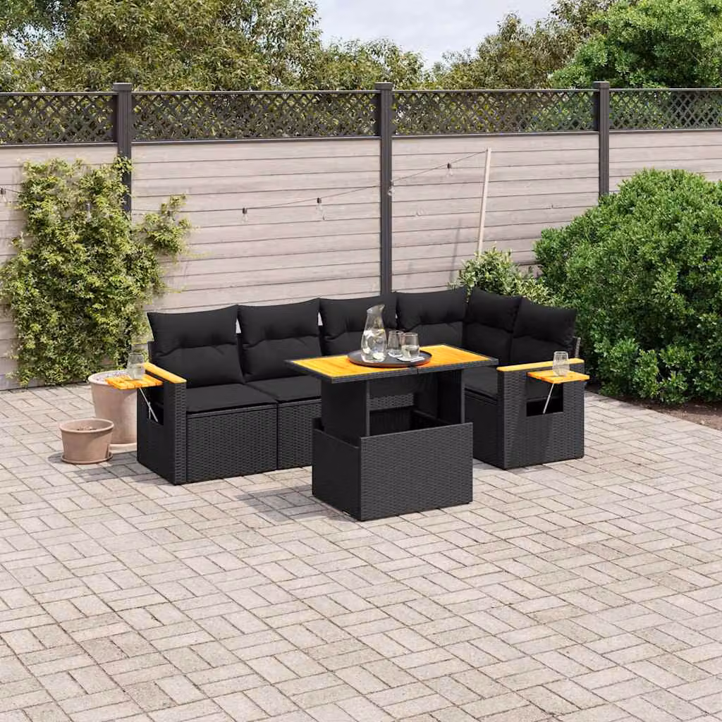 vidaXL Set Divano da Giardino 6 pz a L con Cuscini e Tavolino Nero in Polyrattan – 1