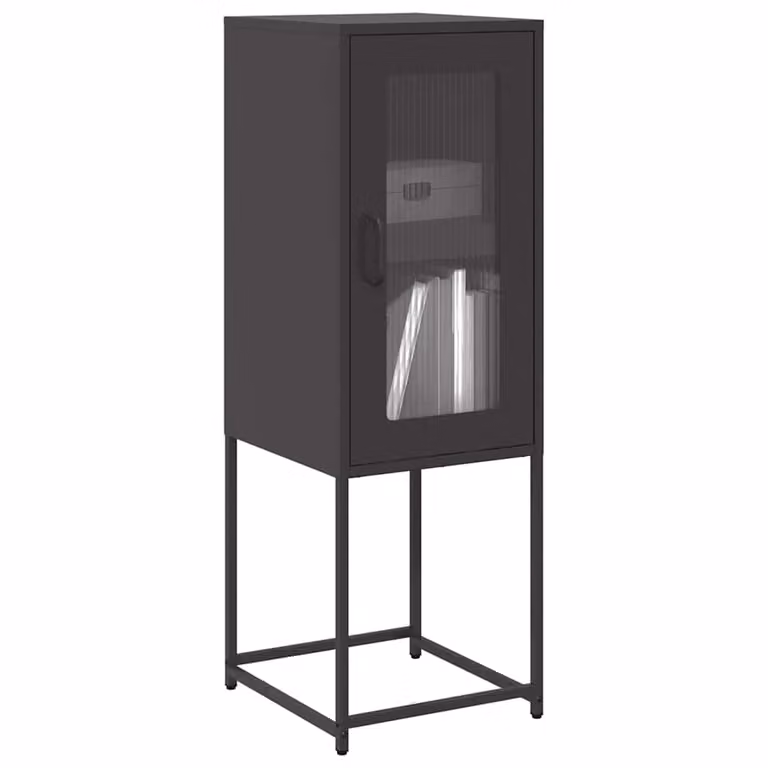 Credenza moderna vidaXL in metallo nero opaco con ante in vetro e ripiani interni, L/P/H: 36 x 39 x 107 cm