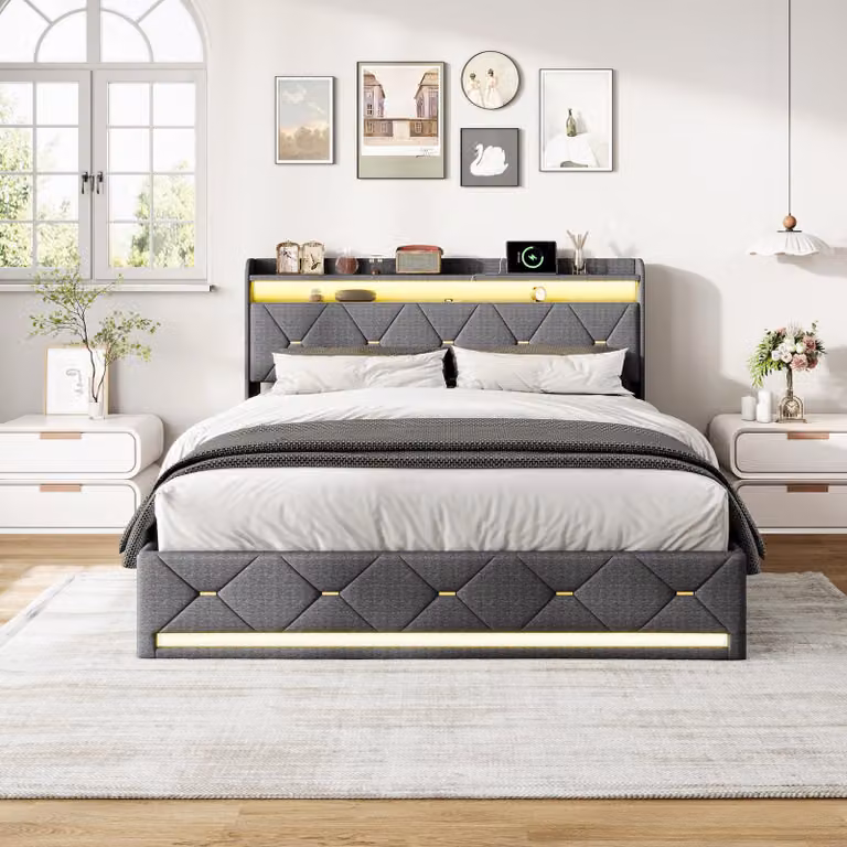 Letto imbottito UnboxG 140x200 cm in lino grigio, ricarica wireless, testiera e pediera con LED RGB, vano portaoggetti idraulico, letto