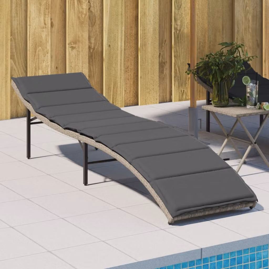 vidaXL Lettino Prendisole in Polyrattan con Cuscino Grigio, L/P/H: 199 x 55 x 50 cm