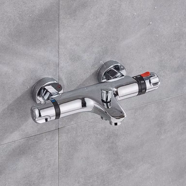 Termostato per rubinetto doccia e vasca da bagno - Miscelatore doccia da parete - Controllo termostatico automatico - Due manopole - Corpo in ottone - Finitura cromata lucida - Colore: cromo