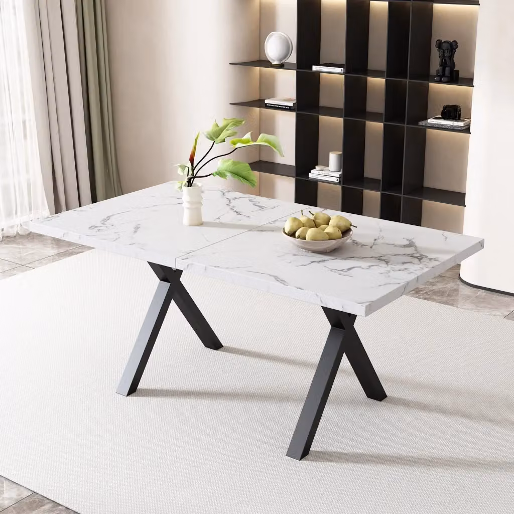 Tavolo moderno WISHDOR rettangolare con piano effetto marmo bianco in MDF e struttura in metallo a X, L: 140 cm, P: 80 cm, H: 76 cm – 2