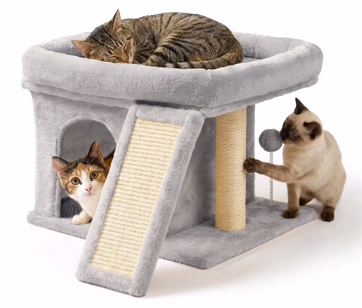 Albero per gatti Relaxdays, con cuccia, pannello per grattare e area relax, cuccia morbida, dimensioni: 38,5 x 54 x 45 cm, materiale: sisal, colore: grigio chiaro