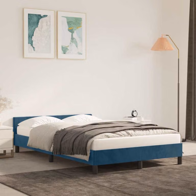 vidaXL Giroletto in Velluto Blu con Listelli in Legno di Pino L/P: 120 x 200 cm