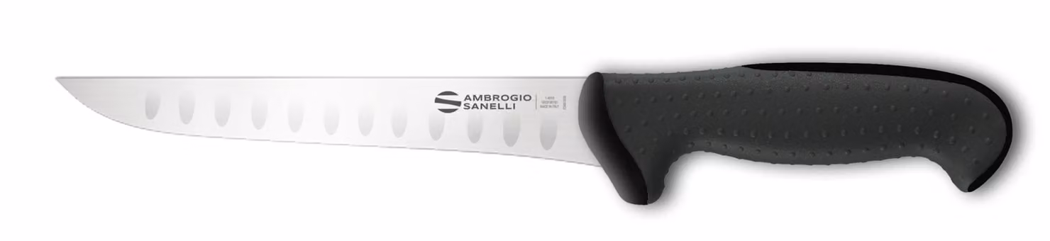 Coltello disosso stretto linea Tecna di Sanelli Ambrogio, lama alveolata cm 16, manico nero