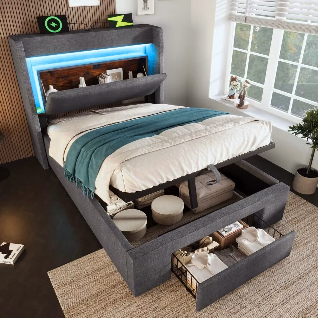 Letto singolo imbottito con contenitore e materasso incluso, colore grigio, con illuminazione LED, porte USB e Type-C, L/P/H: 90 x 200 cm – 2