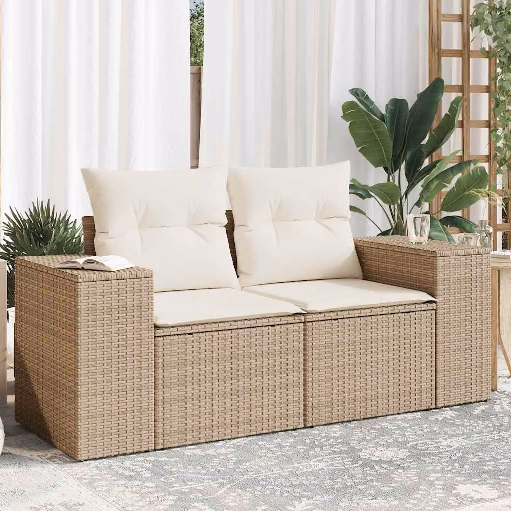 vidaXL Divano da giardino a 2 posti in polyrattan beige con cuscini inclusi