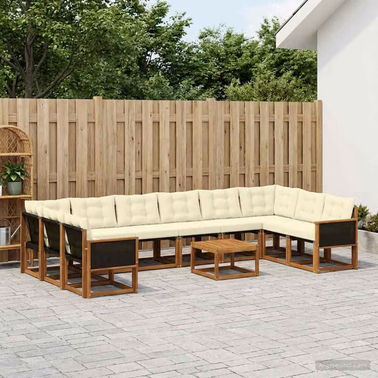 vidaXL Set di divani da esterno 11 pz in legno di acacia con cuscini beige e bianchi