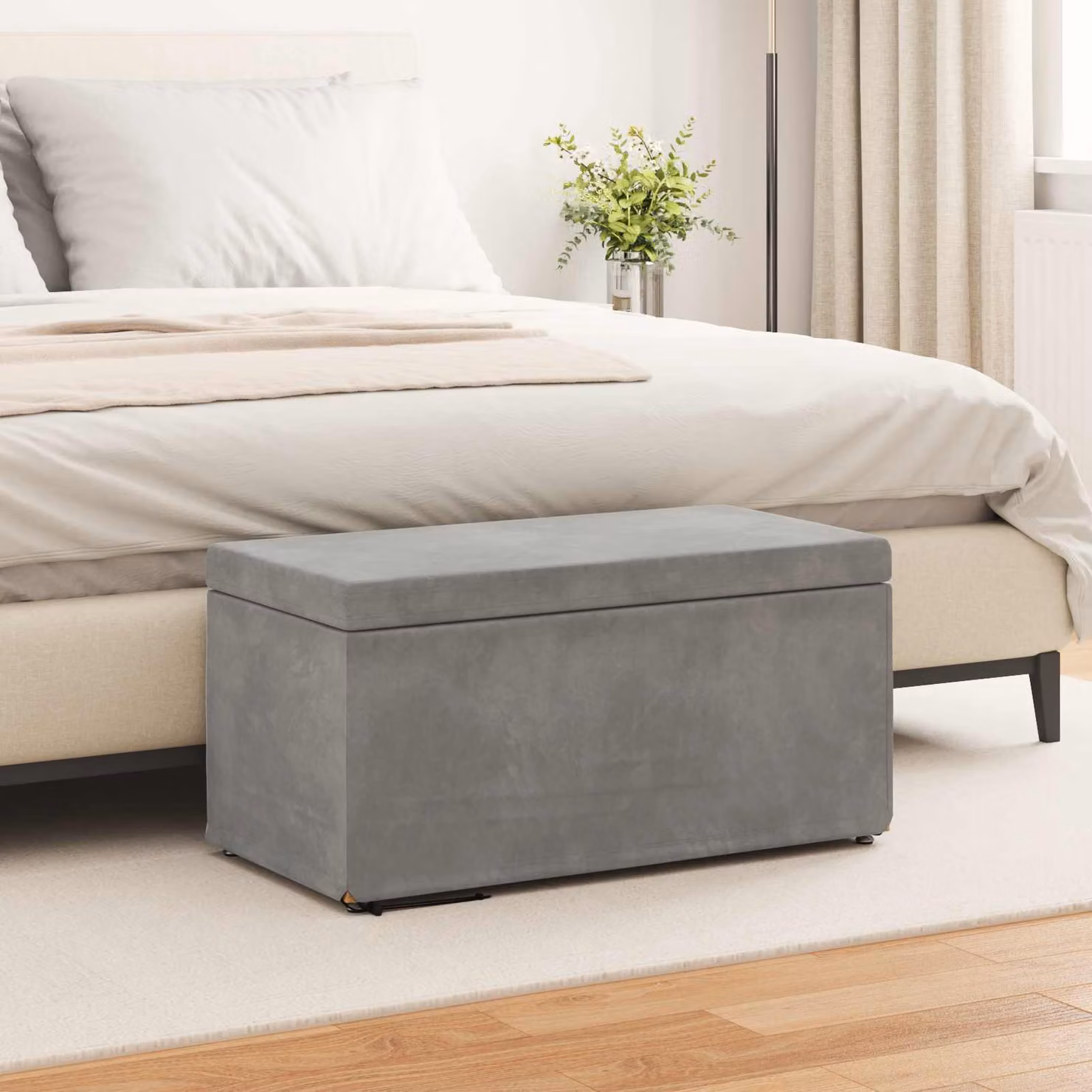 Pouf rettangolare vidaXL in tessuto grigio chiaro con struttura in legno L: 81 cm, P: 41 cm, H: 40 cm