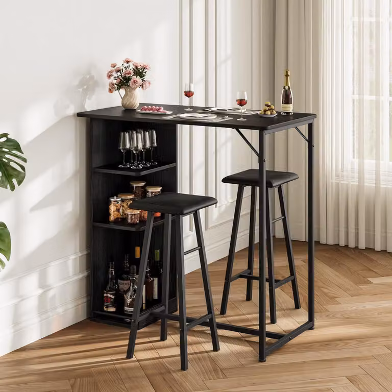 Set da bar composto da un bancone e 2 sgabelli, con 3 ripiani portaoggetti, dimensioni 92x50x91 cm, colore nero