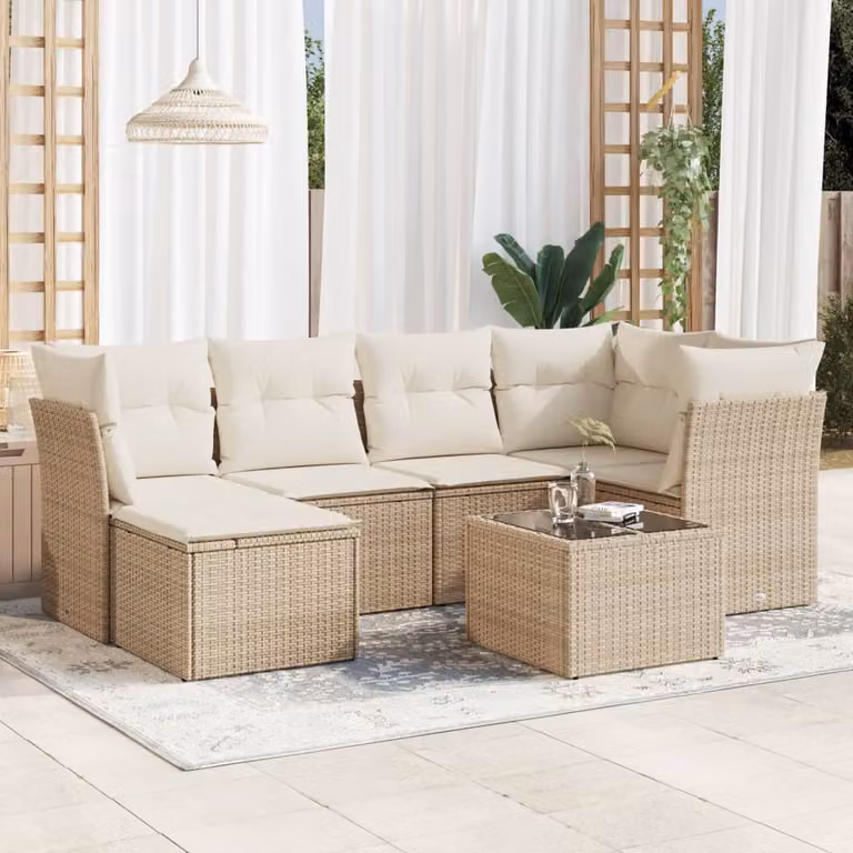 vidaXL Set Divani da Giardino 7 pz in Polyrattan con Cuscini Beige e Tavolino da Esterno