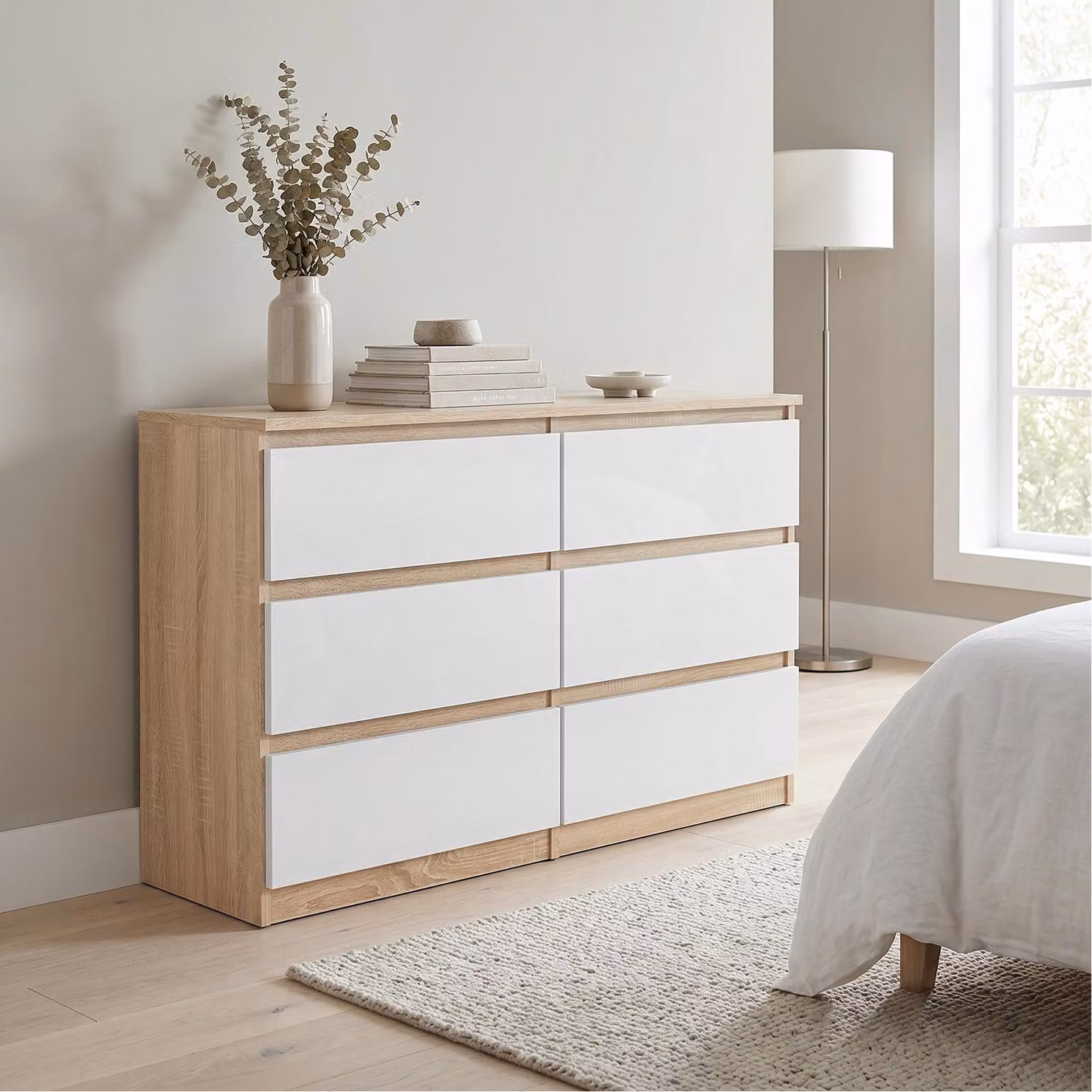 Comodà Masseno NUDO da 120 cm con 6 cassetti e ante, per soggiorno e camera da letto, stile moderno, 120x39x78,5 cm, rovere Sonoma / bianco