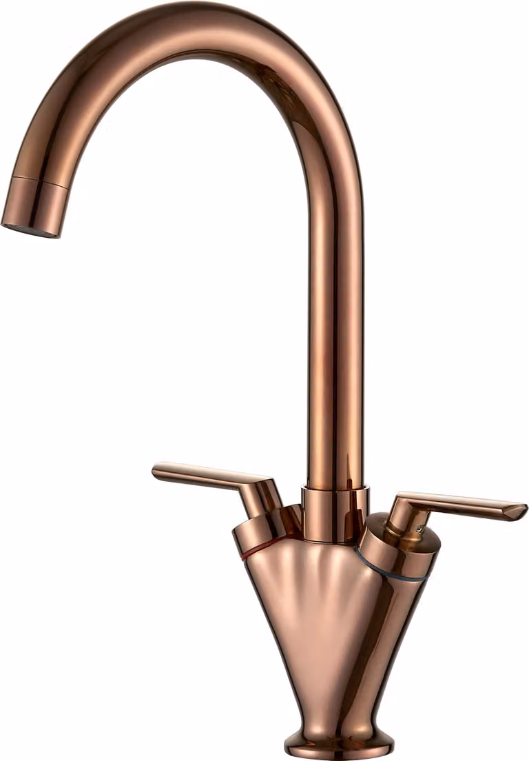 Miscelatore da cucina a due maniglie, finitura rosa oro, con bocchetta girevole a 360°