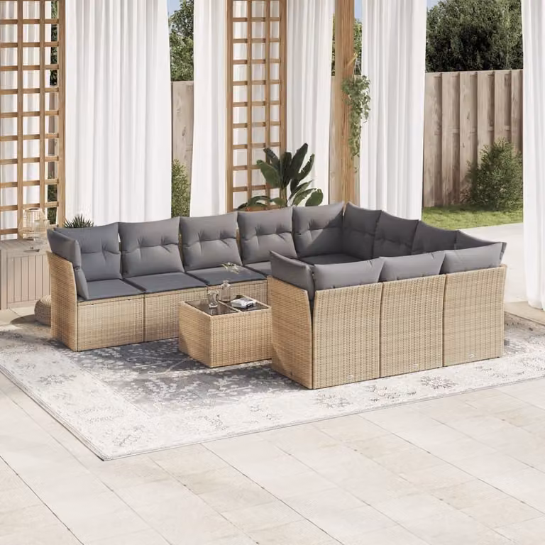 vidaXL Set Divani da Giardino 11 pz con Cuscini Beige e Tavolino in Polyrattan e Acciaio