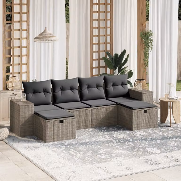 vidaXL Set Divano da Giardino a L con 6 Pezzi e Cuscini Grigio Chiaro in Polyrattan e Acciaio