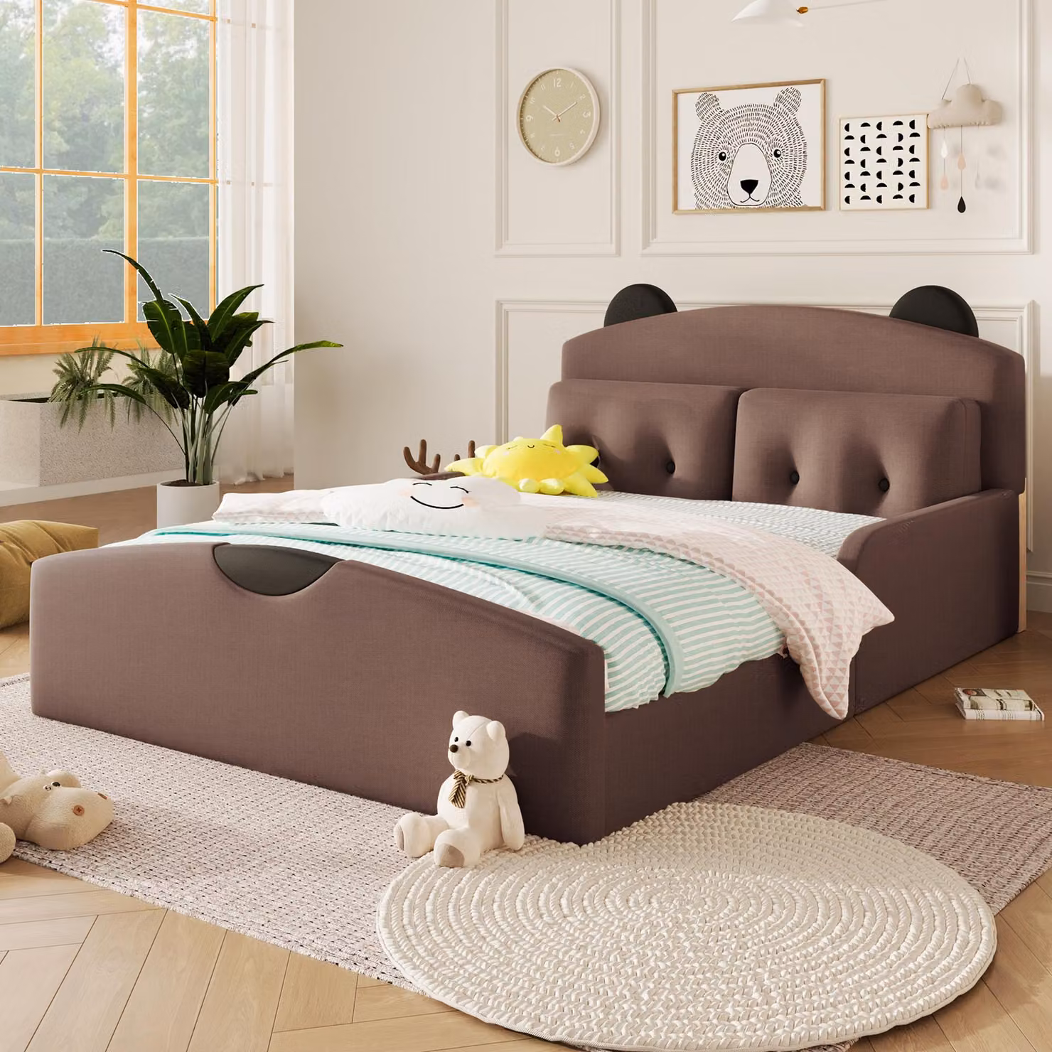 Letto imbottito 140 x 200 cm con rivestimento in lino, testiera a forma di orso e 2 cuscini decorativi, struttura del letto imbottita con capacità di carico fino a 150 kg, caffè