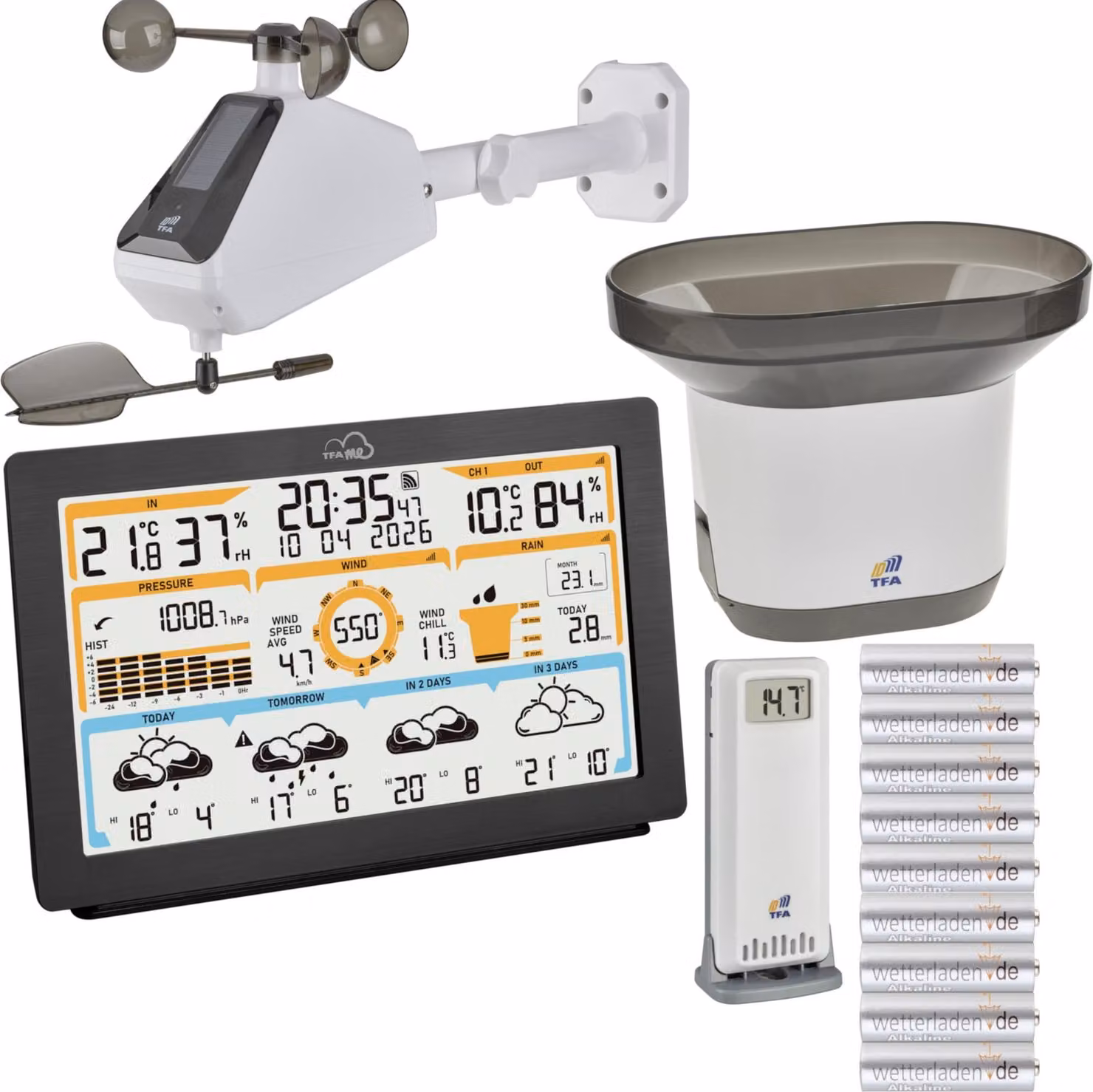 TFA 35.8106.01 Stazione meteorologica wireless WLAN TFA.me ID-05, con previsioni meteo fornite da wetter.com, incl. trasmettitore wireless, pluviometro, anemometro solare: con batterie