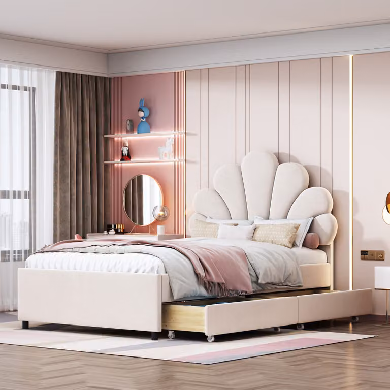 Letto imbottito Flieks 90x200cm con 2 cassetti, letto singolo letto per ragazzi letto per bambini con testata a forma di fiore, letto classico, velluto, beige