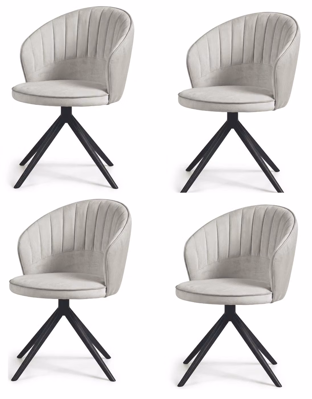 Set di 4 eleganti sedie girevoli per sala da pranzo, colore grigio chiaro, rivestite in tessuto