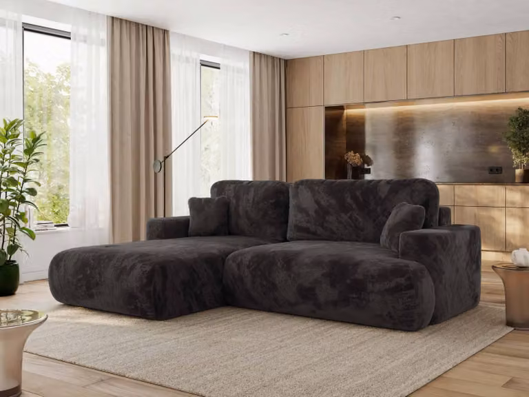MKS MEBLE divano angolare OVO con funzione letto e box letto, peluche grigio scuro, divano a L, divano angolare a 4 posti, 271x195x95 cm - lato sinistro