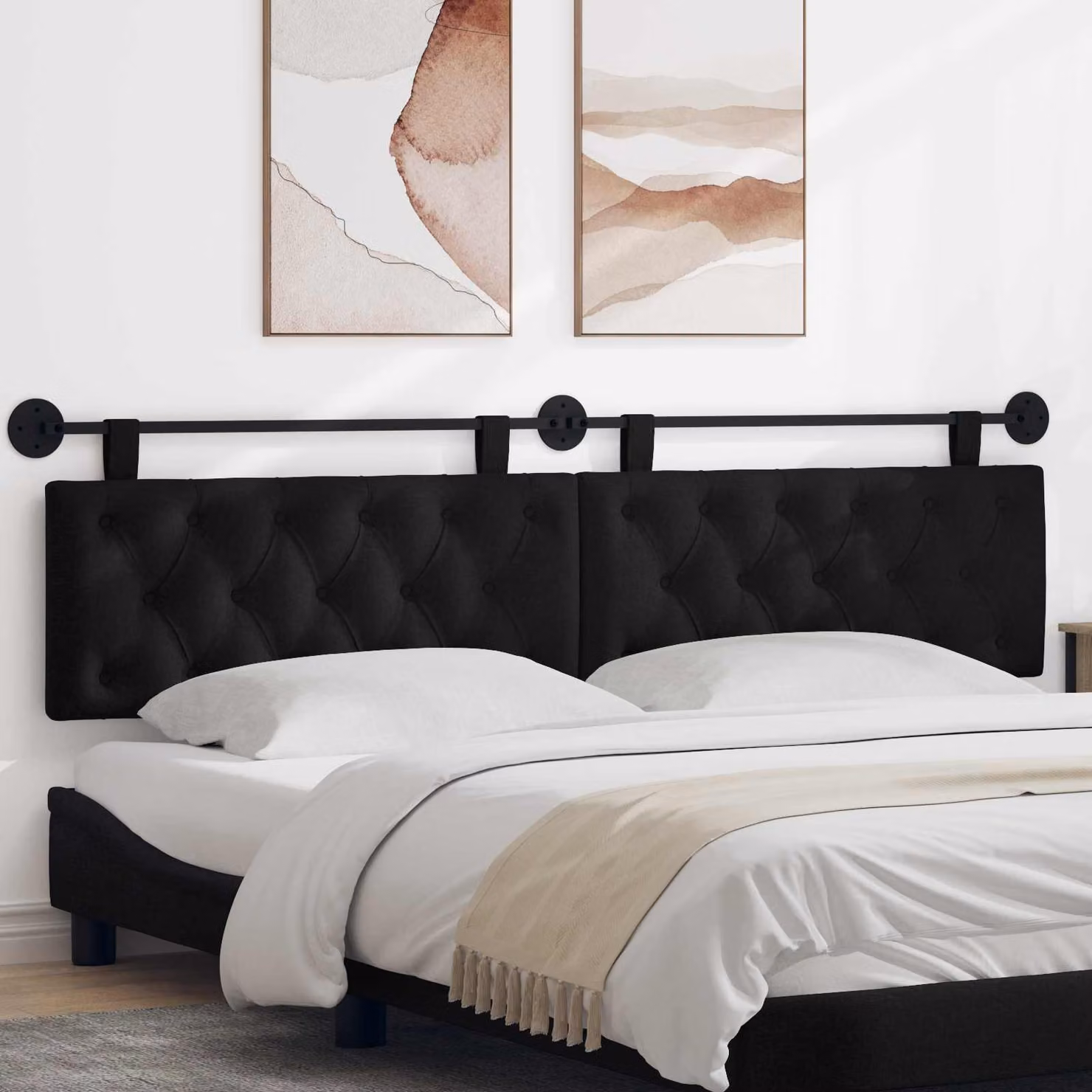 Testiera per letto sospesa vidaXL in tessuto nero con pannello imbottito e struttura in legno e metallo