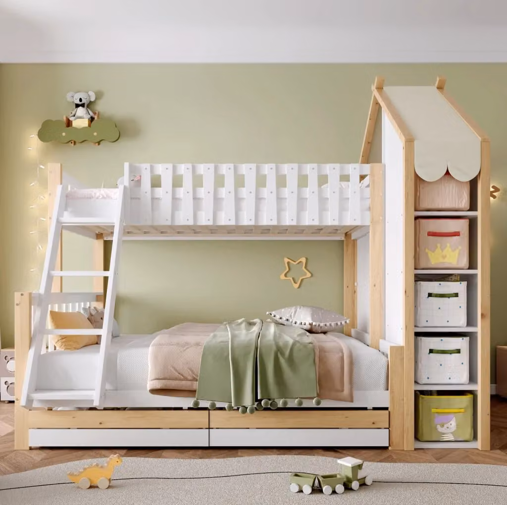 Letto a castello per bambini REDOM in stile scandinavo con struttura a casetta, colore bianco e legno naturale, dotato di 2 cassetti, L/P/H: 239 x 155 x 195 cm – 2
