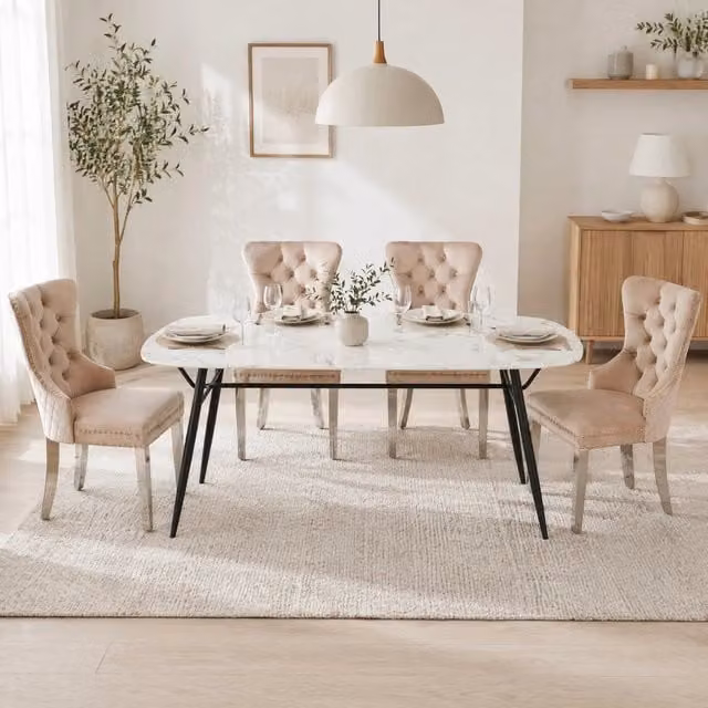 Desviae Sedia da pranzo con seduta imbottita, schienale quadrato e gambe in metallo, in velluto, Beige