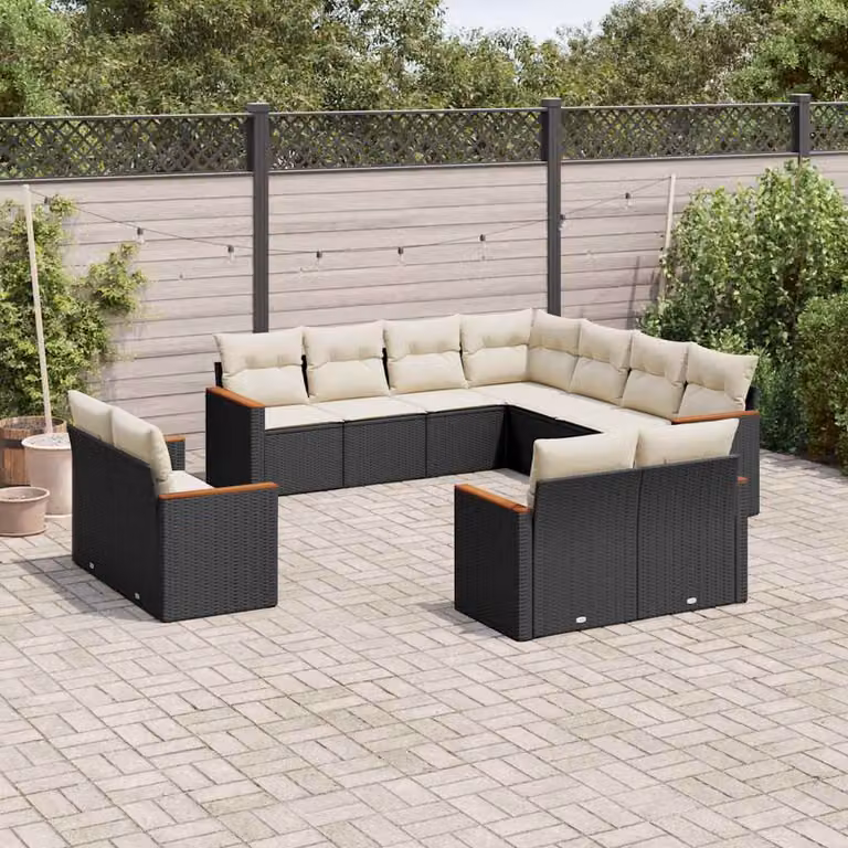 vidaXL Set Divani da Giardino 11 pz a Forma a U con Cuscini in Polyrattan e Struttura in Acciaio Nero e Bianco