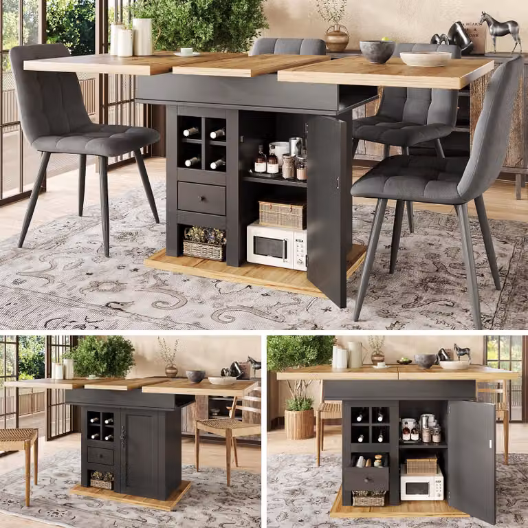okwish Tavolo da pranzo pieghevole per 4-6 persone, tavolo pieghevole con portabottiglie e cassetti, mobile da cucina per cucina e soggiorno, bianco