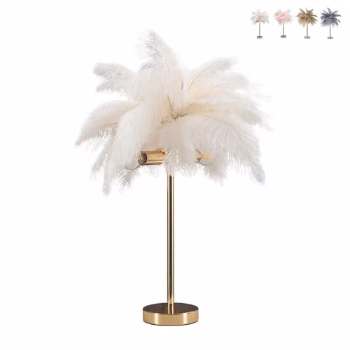 Lampada da tavolo con paralume in piume e 2 punti luce Palm S - Bianco