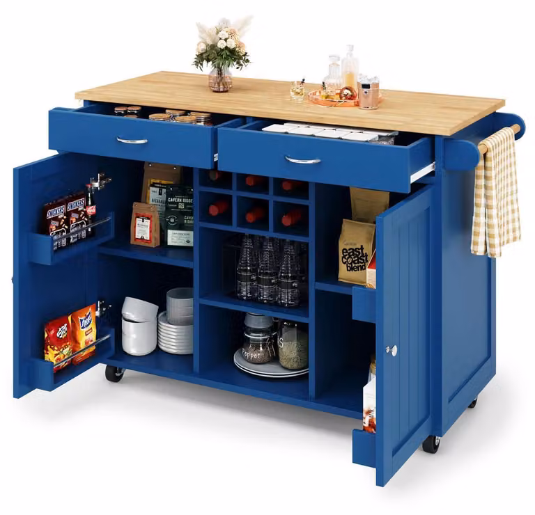 Isola da cucina 102x45x92 cm, mobile da cucina, credenza, carrello di servizio con venature del legno, colore blu